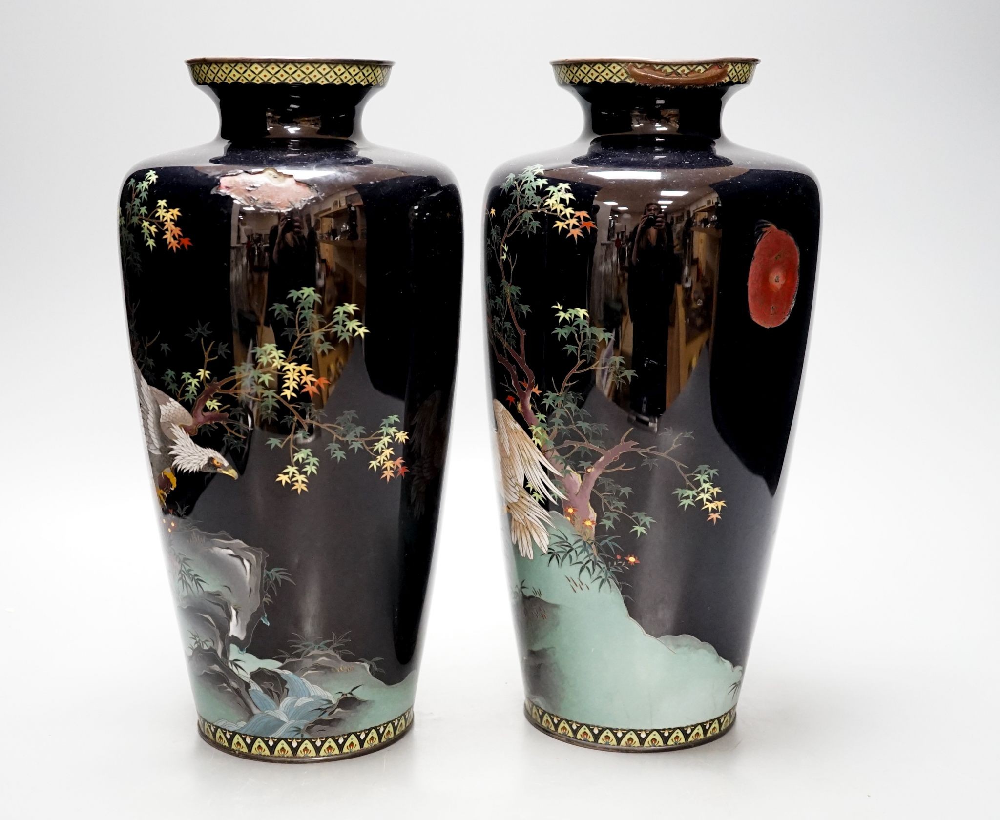 A pair of Japanese cloisonne vases (af), 31cm